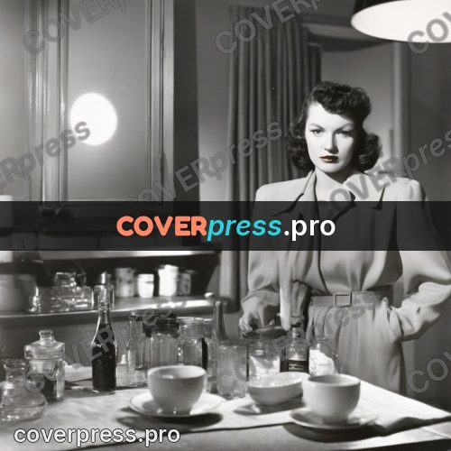 Black and white photo: kitchen with a table and lamps