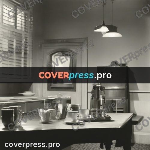 Black and white photo: kitchen with a table and lamps