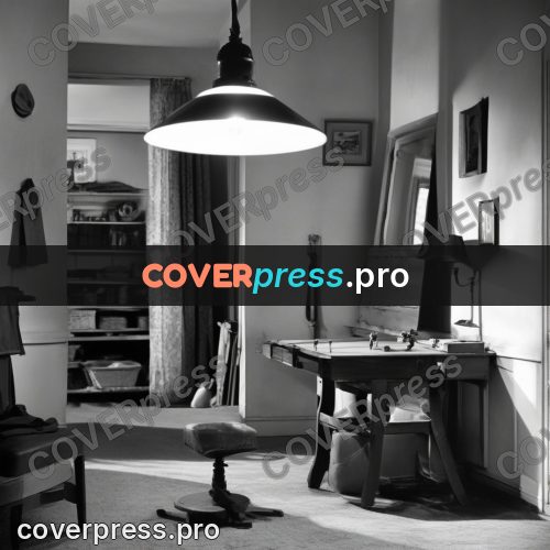 Black and white photo: room with a hanging lamp