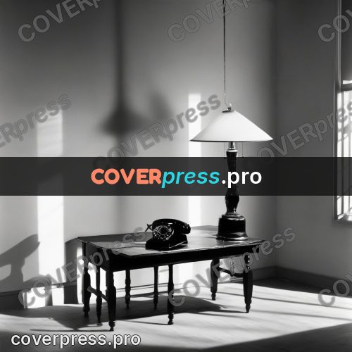 Black and white photo: room with a hanging lamp