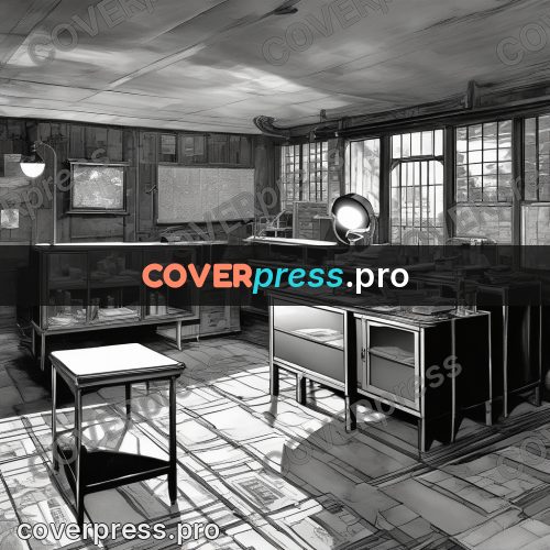 Black and white photo: hall with shelves and tables