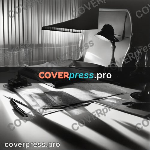 Black and white photo: table with a lamp and papers
