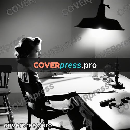 Black and white photo: writing desk with a lamp