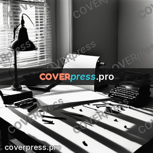 Black and white photo: writing desk with a lamp