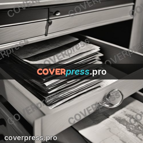 Black and white photo: open drawer full of papers
