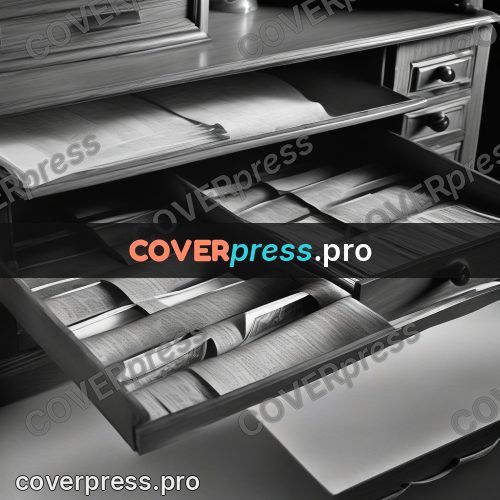 Black and white photo: open drawer full of papers