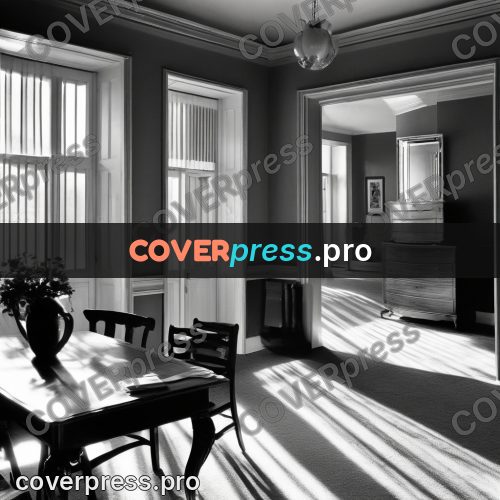 Black and white photo: room with bands of light