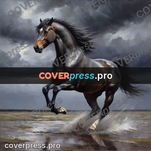 Oil painting illustration: horse galloping through water