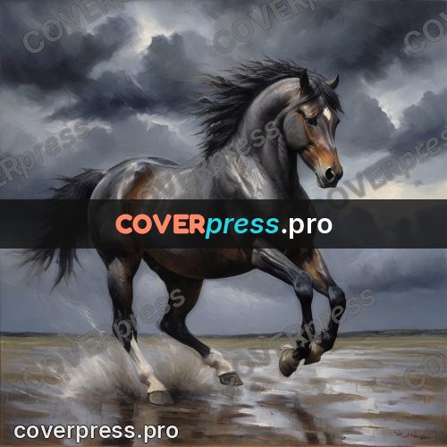 Oil painting illustration: horse galloping through water