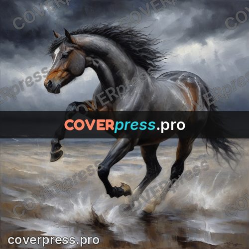 Oil painting illustration: horse galloping through water