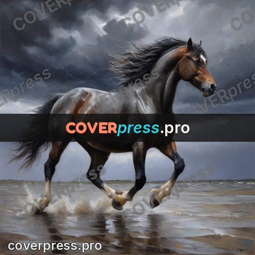 Oil painting illustration: horse galloping through water