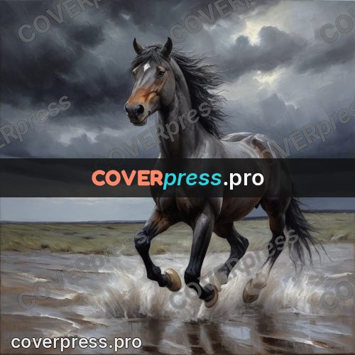 Oil painting illustration: horse galloping through water