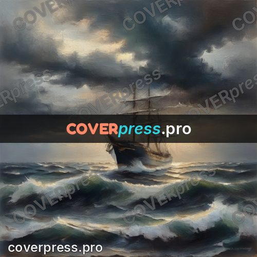 Oil painting illustration: ship in a stormy sea