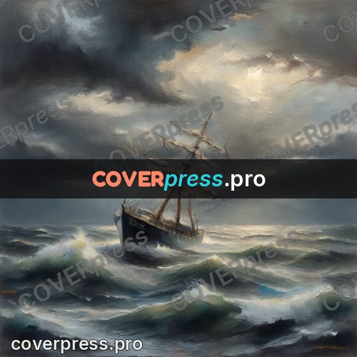 Oil painting illustration: ship in a stormy sea