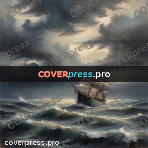 Oil painting illustration: ship in a stormy sea