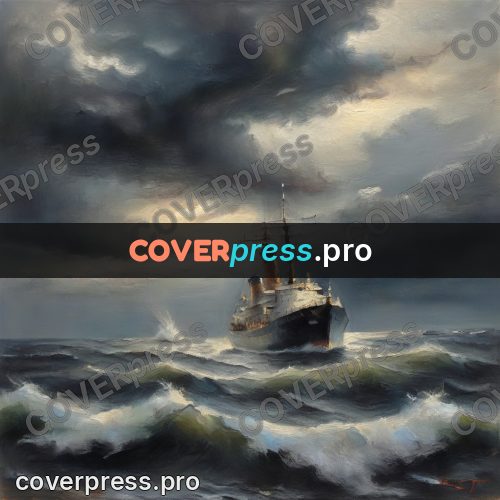 Oil painting illustration: ship in a stormy sea