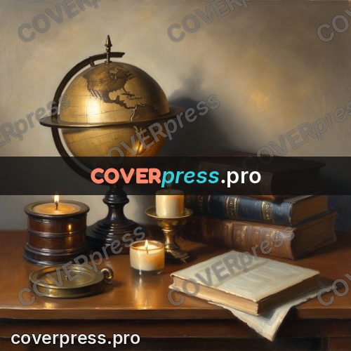 Oil painting illustration: globe with books and a candle