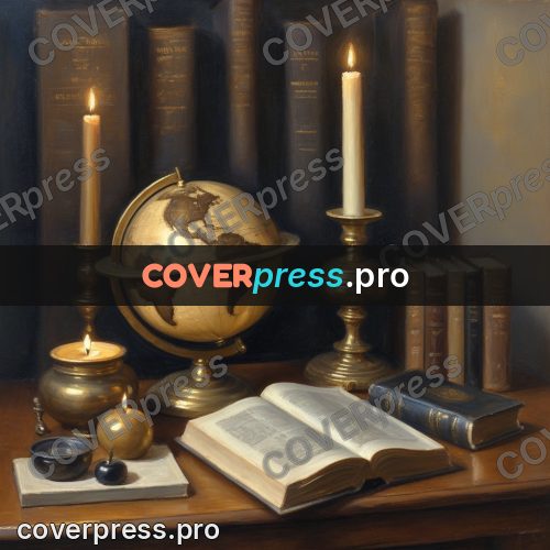 Oil painting illustration: globe with books and a candle