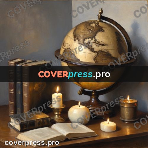 Oil painting illustration: globe with books and a candle
