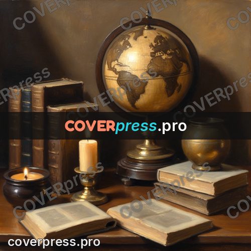 Oil painting illustration: globe with books and a candle