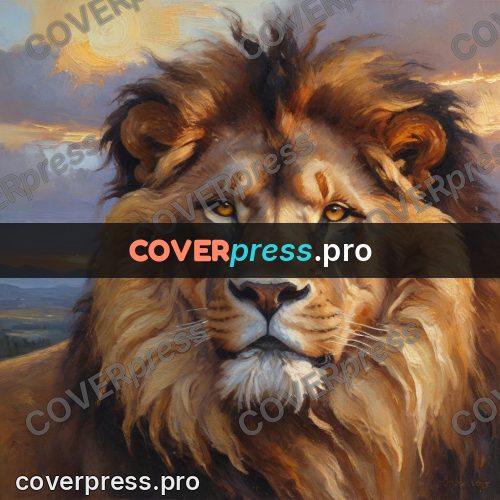 Oil painting illustration: lion's head with a thick mane
