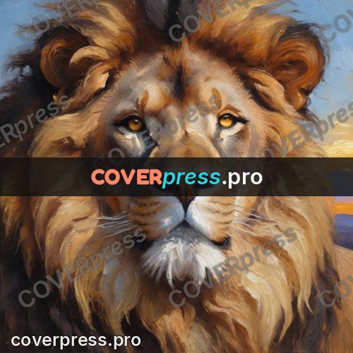 Oil painting illustration: lion's head with a thick mane