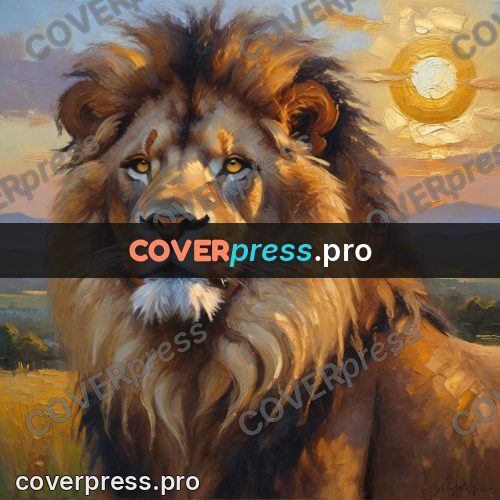 Oil painting illustration: lion's head with a thick mane
