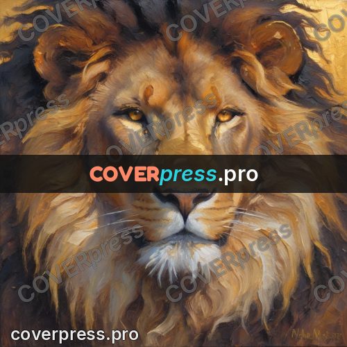 Oil painting illustration: lion's head with a thick mane