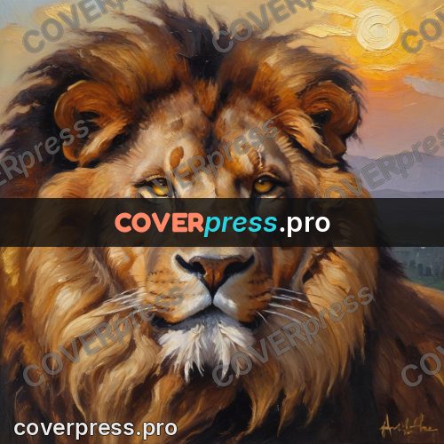 Oil painting illustration: lion's head with a thick mane