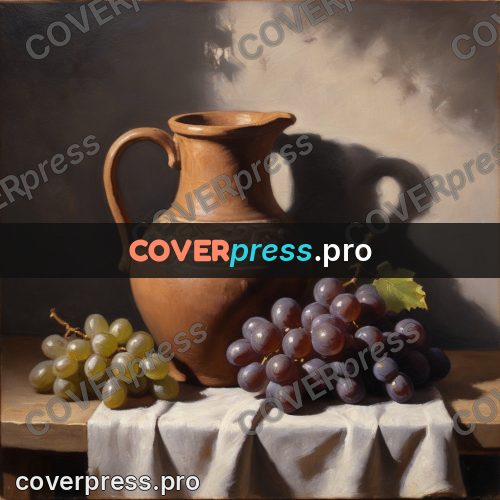 Oil painting illustration: clay jug and grapes