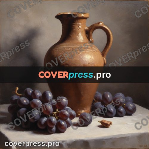 Oil painting illustration: clay jug and grapes
