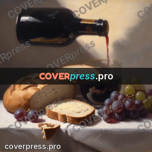 Oil painting illustration: bread, wine and grapes