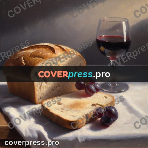 Oil painting illustration: bread, wine and grapes