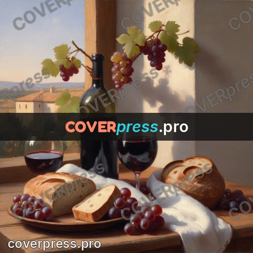 Oil painting illustration: bread and wine on a table