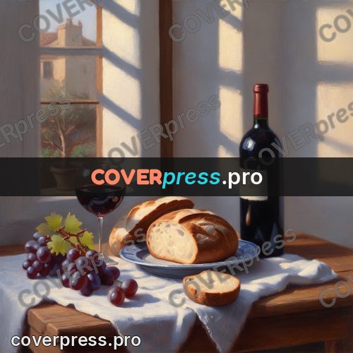 Oil painting illustration: bread and wine on a table