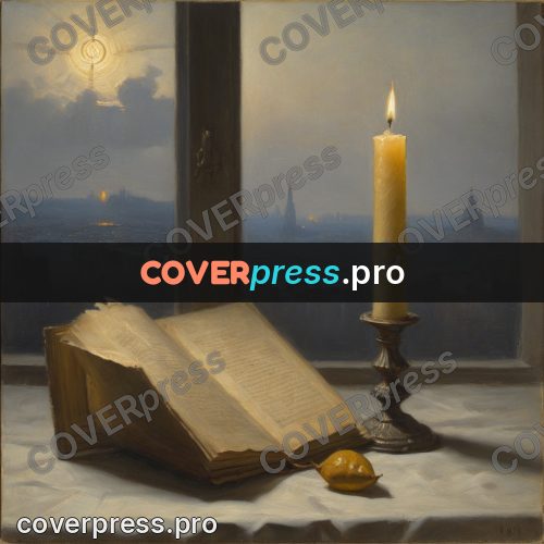 Oil painting illustration: open book and a candle