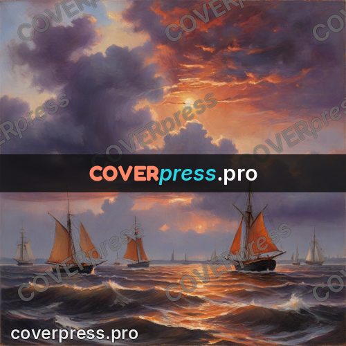 Oil painting illustration: sailing boat at sunset
