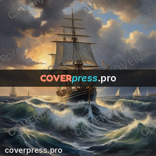 Oil painting illustration: ship under white sails