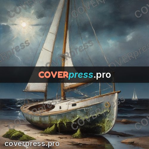 Oil painting illustration: sailboat aground on the shore