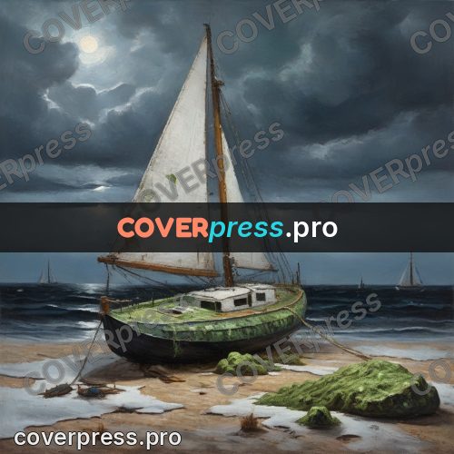 Oil painting illustration: sailboat aground on the shore