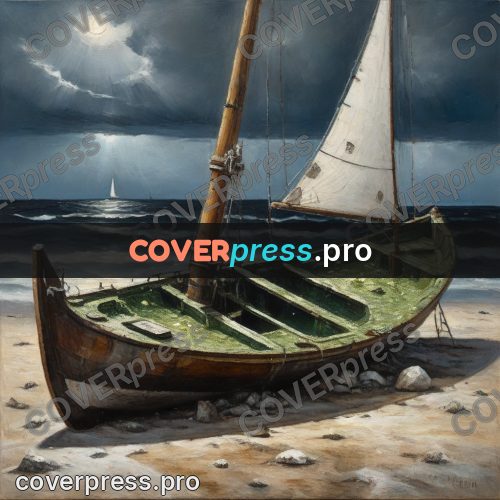 Oil painting illustration: sailboat aground on the shore