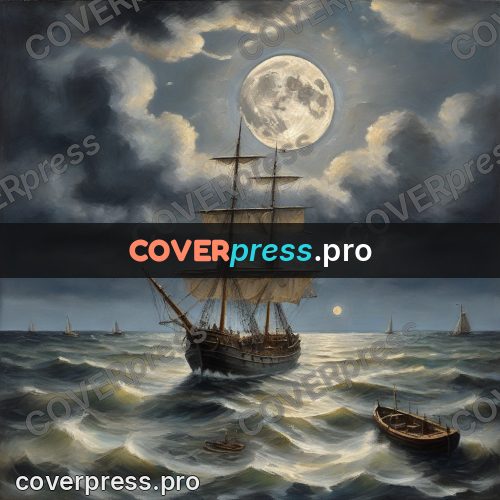 Oil painting illustration: ship under a full moon