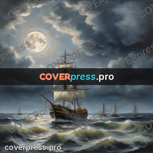 Oil painting illustration: ship under a full moon
