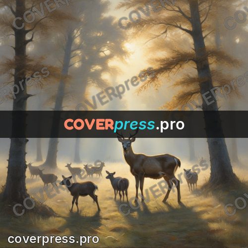 Oil painting illustration: deer in a misty forest