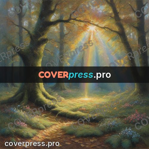 Oil painting illustration: sunbeam in a forest clearing