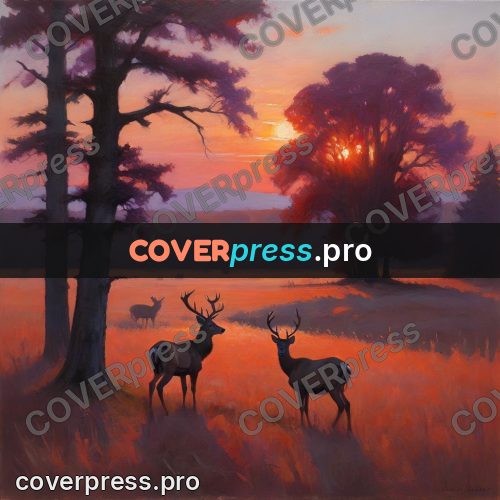 Oil painting illustration: deer in a field at sunset