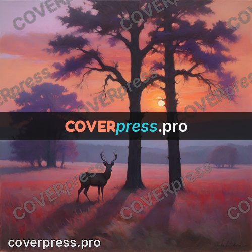 Oil painting illustration: deer in a field at sunset