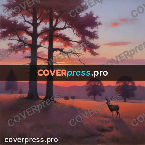 Oil painting illustration: deer in a field at sunset