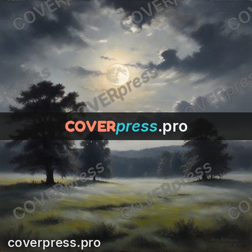 Oil painting illustration: moon above a misty meadow