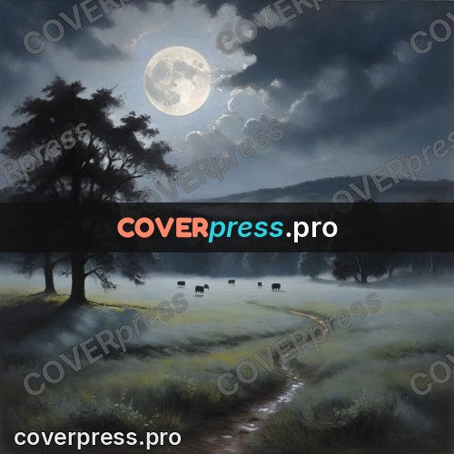 Oil painting illustration: moon above a misty meadow